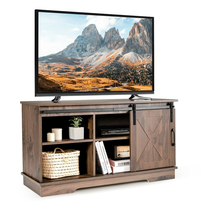 Sliding Barn Door TV Stand with Adjustable Shelf Cabinet-Dark Walnut - Relaxacare