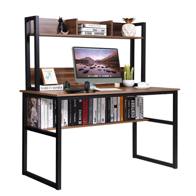 Storage Writing Desk Computer Desk with Hutch & Bookshelf-Walnut - Relaxacare