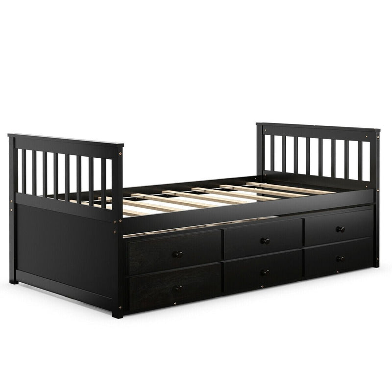 Twin Captain’s Bed with Trundle Bed with 3 Storage Drawers-Espresso - Relaxacare