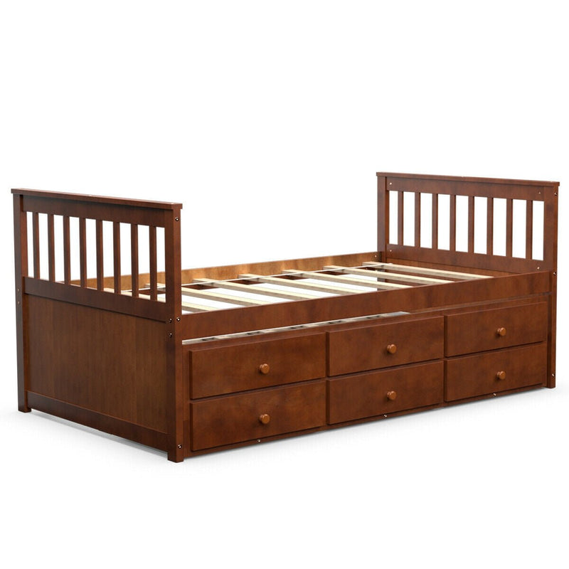 Twin Captain’s Bed with Trundle Bed with 3 Storage Drawers-Walnut - Relaxacare