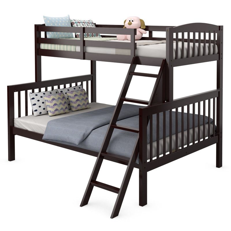 Twin over Full Bunk Bed Rubber Wood Convertible with Ladder Guardrail-Espresso - Relaxacare