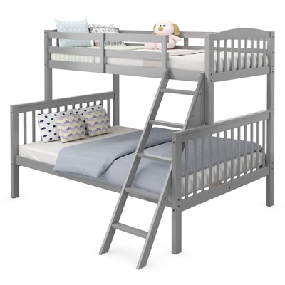 Twin over Full Bunk Bed Rubber Wood Convertible with Ladder Guardrail-Gray - Relaxacare