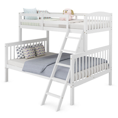 Twin over Full Bunk Bed Rubber Wood Convertible with Ladder Guardrail-White - Relaxacare