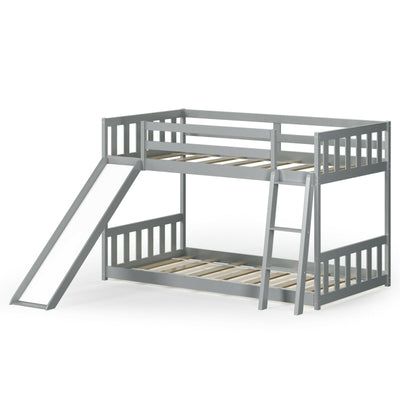 Twin over Twin Bunk Wooden Low Bed with Slide Ladder for Kids-Gray - Relaxacare