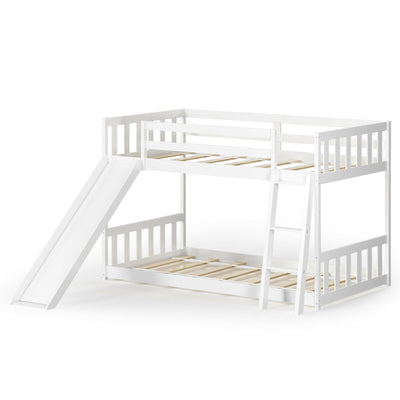 Twin over Twin Bunk Wooden Low Bed with Slide Ladder for Kids-White - Relaxacare