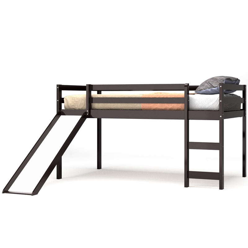 Twin Size Low Sturdy Loft Bed with Slide Wood -Espresso - Relaxacare