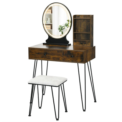 Vanity Table Set with Lighted Mirror and Cushion Stool-Brown - Relaxacare