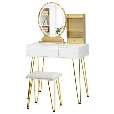 Vanity Table Set with Lighted Mirror and Cushion Stool-White - Relaxacare