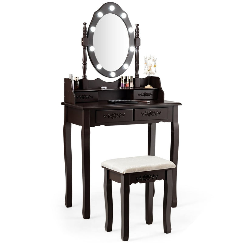 Vanity Table Set with Mirror and Soft Cushioned Stool-Coffee - Relaxacare