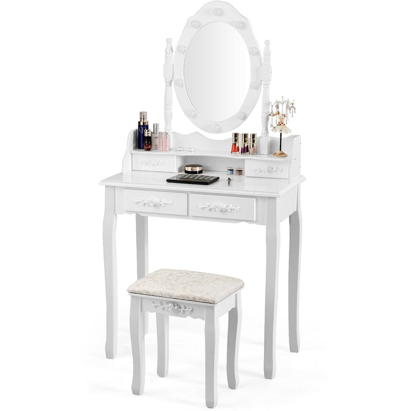 Vanity Table Set with Mirror and Soft Cushioned Stool-White - Relaxacare