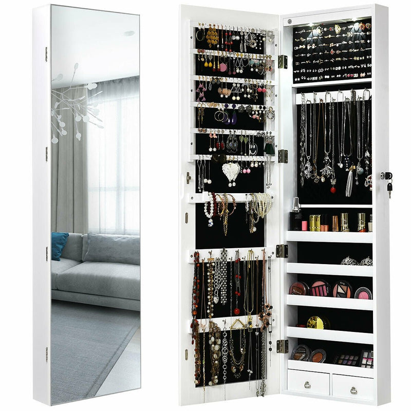 Wall And Door Mounted Mirrored Jewelry Cabinet With Lights-White - Relaxacare