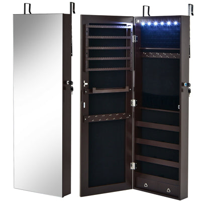 Wall Mounted Full Screen Mirror Jewelry Cabinet Armoire wirth 6 LEDs-Brown - Relaxacare