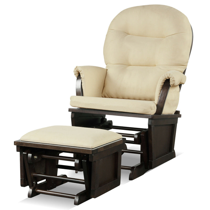 Wood Baby Glider and Ottoman Cushion Set with Padded Armrests for Nursing-Beige - Relaxacare