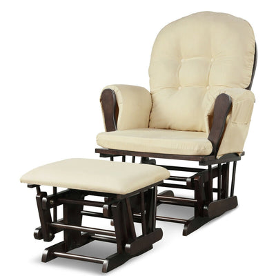 Wood Glider and Ottoman Set with Padded Armrests and Detachable Cushion-Beige - Relaxacare