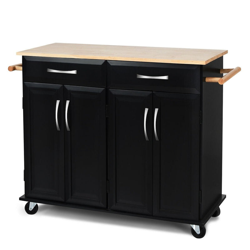 Wood Top Rolling Kitchen Trolley Island Cart Storage Cabinet-Black - Relaxacare