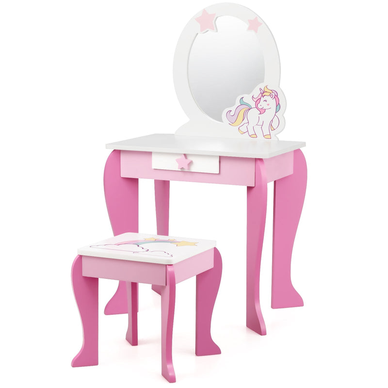 Wooden Makeup Dressing Table and Chair Set with Mirror and Drawer - Relaxacare