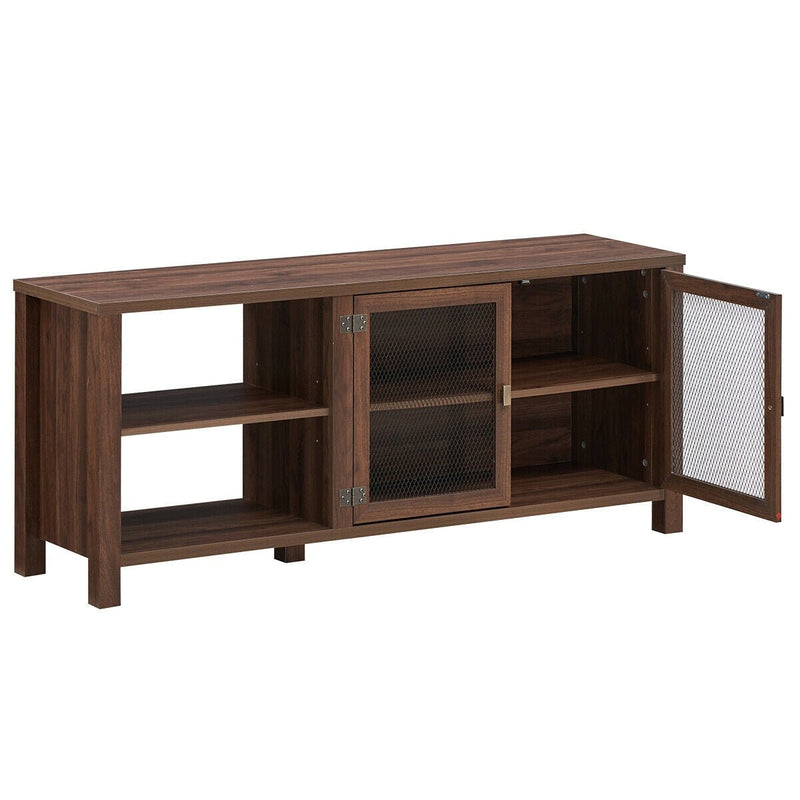 Wooden TV Stand with 2 Metal Mesh Doors -Walnut - Relaxacare